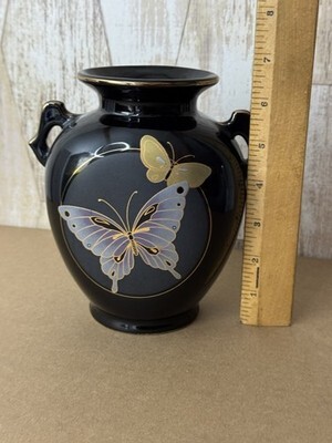 Vintage Imported Japanese Black Vase w/ gold trim Ceramic Item image 7