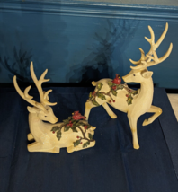 2-Piece Glistening Deer w Holly &amp; Cardinals by Valerie Parhill Christmas Holiday - £45.67 GBP