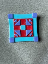 Hand Made Turquoise Periwinkle Cranberry Art Glass Pieced Quilt Block Br... - $16.69