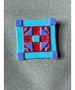 Hand Made Turquoise Periwinkle Cranberry Art Glass Pieced Quilt Block Brooch Pin - $16.69