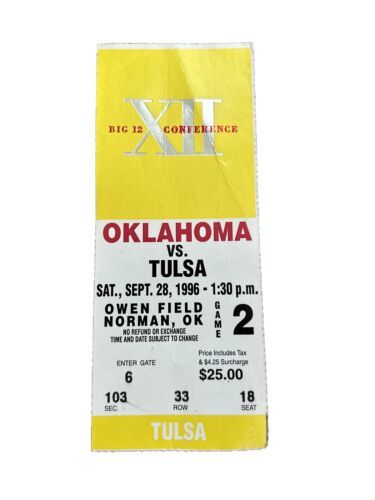 1996 Oklahoma Sooners Tulsa Golden Eagles Ticket Stub  Oct 5, 1996 - £7.52 GBP