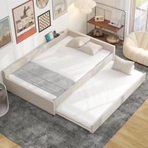 Merax Full Size Upholstered Platform Bed with USB and Twin Size Trundle, Beige - £467.41 GBP