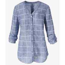 Chicos 0 Simple Check Lucey Shirt Button Long Roll Tab Slv Blue Linen Women S - £17.69 GBP