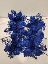 Lot of 6 sparkly blue poinsettia pick flowers 6&quot; each  Beautiful - $14.84