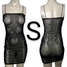 Sexy See Through Rhinestone Gemstones Detail Black Mesh Cami Mini Dress~Size S - £26.72 GBP