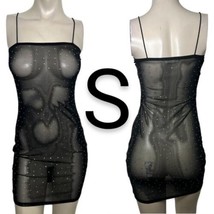 Sexy See Through Rhinestone Gemstones Detail Black Mesh Cami Mini Dress~Size S - $33.43