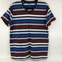 Old Navy Men&#39;s T Shirt Large Short Sleeve Striped Red Gray Blue &amp; White - $8.90