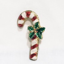 Candy Cane Holly Lapel Pin Brooch 1.75&quot;  Vintage Metal Enamel Signed AAI - £11.86 GBP