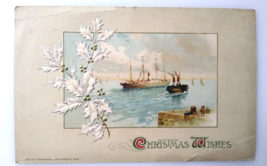 Christmas Postcard Sailing Battle Ship 1913 Embossed Silver Holly John Winsch - £10.25 GBP