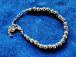 925 Sterling Silver 6 Mm Beaded 7.5 In Mother Charm Bracelet Free Shipping  - $736.23 MXN