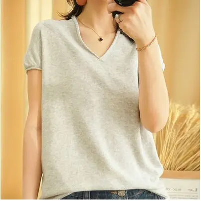  V-neck pullover  women cotton Korean version is thin short-sleeved all-match su - £80.31 GBP