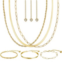 14K Gold Layered Link Chain Necklace Bracelet set for Women Gold Chain Choker Ne - £18.43 GBP