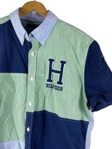 Tommy Hilfiger Logo Shirt Size Large Mens Colorblock Custom Fit Blue Gre... - $37.22