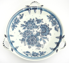 Vintage Distel  Blue Delft Three Handled Dish Bowl Floral on Pale Green 10.5&quot; - £11.78 GBP