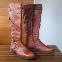 Miz Mooz Boots Size 7.5 Riding Brown Leather Strappy Fleece Lined Tall Knee-High - £77.55 GBP