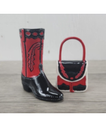 Ceramic Matching Cowboy Boot &amp; Purse - Red &amp; Black Western - £19.25 GBP