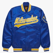 Milwaukee Brewers MLB Letterman Bomber Baseball Varsity Jacket Blue Satin - £83.81 GBP