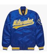 Milwaukee Brewers MLB Letterman Bomber Baseball Varsity Jacket Blue Satin - $104.98