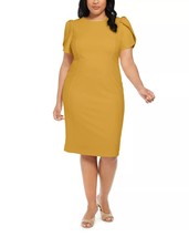 Calvin Klein Women&#39;s Mustard Yellow Tulip Short Sleeve Sheath Dress Midi 12 NWT - £44.29 GBP