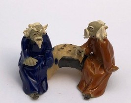 Ceramic Figurine Two Men Sitting On A Bench - 2&quot; Playing Chess Color: Bl... - £6.21 GBP