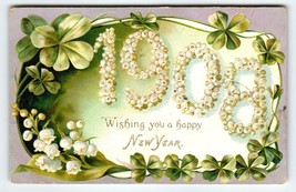 New Year Postcard 1908 Numbers Clovers Flowers Tuck 113 Embossed Greetings 1907 - £7.31 GBP
