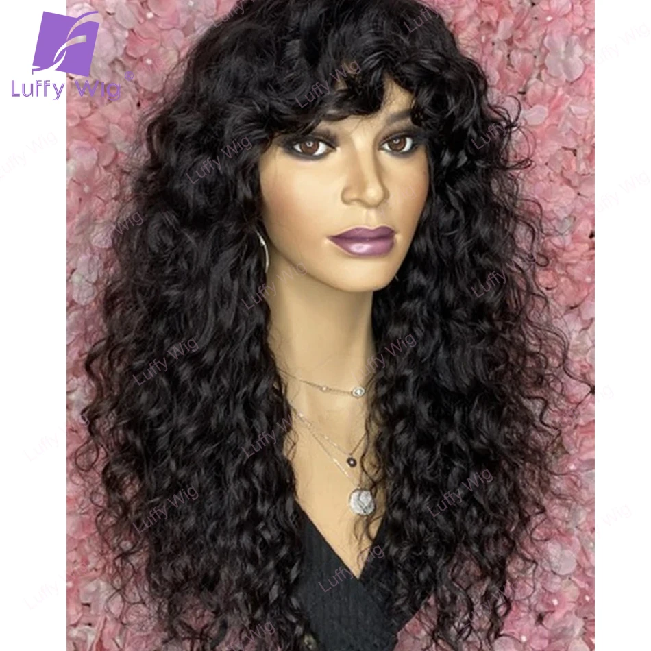 Loose Curly Human Hair Wigs With Bangs Brazilian Remy O Scalp Top Ready ... - $100.78+