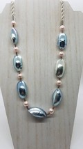 Vintage Faux Light Blue Abalone Shells Pink Pearls 28&quot; Necklace Rope Silver Tone - £6.22 GBP