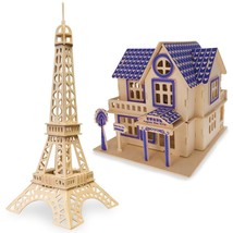Set of 2 Eiffel Tower and House Model Kit Wooden 3D Puzzles - £29.60 GBP