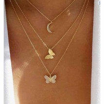 Butterfly and Moon Gold Crystal Triple Chain Layered Choker Necklace - £12.70 GBP