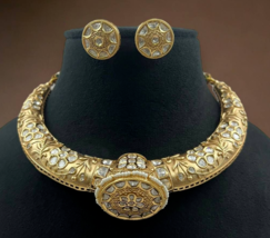 Indian Gold Forming Moissanite Polki Gold Meena Hasli Necklace Jewelry Set - $284.99
