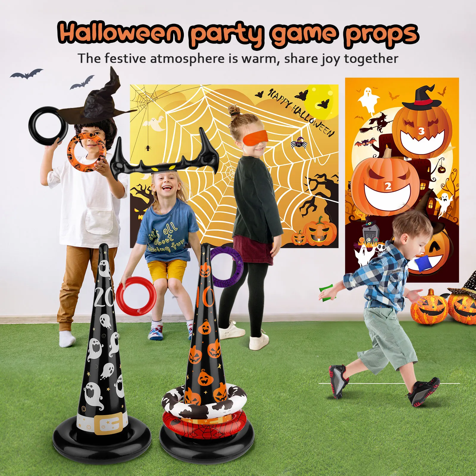 Halloween Games Toys Blindfolded Sticking Spider Banner Sandbag Inflatable Bat - £26.76 GBP+