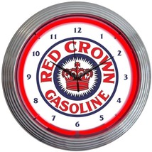 Red Crown Gasoline Neon Clock 15&quot;x15&quot; - £67.61 GBP
