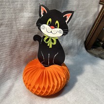 vintage Die cut cardboard Halloween Black Cat sitting on a Honeycomb pumpkin - £19.66 GBP