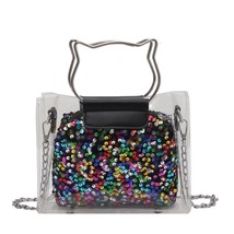 Sequins Cat Ears Handbags Women Shining Transparent Bucket Bag Chains Bling Clea - £24.42 GBP