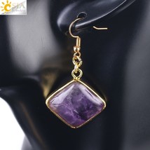 CSJA Natural Stone Rhombus Earrings Gold Color Geometry Dangle Earring Square Be - £6.69 GBP
