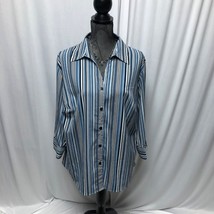 Kim Rogers Signature Blouse Womens 1X Blue Stripe Button Up Long Sleeve Shirt - £10.96 GBP