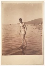 RPPC Sexy Man In Swim Trunks Beach Wading In Water At Shoreline Postcard N28 - £14.15 GBP