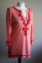 Soft Surroundings S Coral Orange Pink Linen Knit Embroidered Blouse Tunic Top - £22.73 GBP