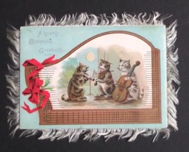 A Hearty Christmas Cats Playing Instruments Double-Sided Silk Fringe Card c1880s - $39.99