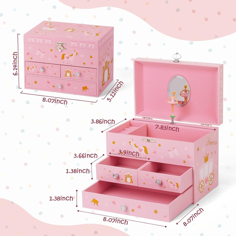 Musical Jewelry Box for Girls 8.07 X 5.12 X 6.14 with 3 Pullout Drawers Spinning Item image 2