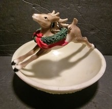  Reindeer as a Handle Wreath Around Neck Christmas Candy Resin Bowl Dish Vintage - £10.13 GBP