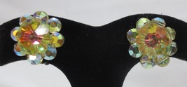 VTG CLIP EARRINGS~GORGEOUS AB YELLOW FACETED GLASS BEADS W/FLOWER BEAD C... - £15.80 GBP