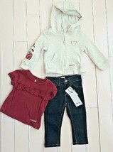 HUDSON KIDS 3-Piece Baby Girl Set Hoodie Ruffle Tee &amp; Blue Jeans 12 Months - $79.17