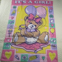 Baby Birth Announcement Garden Flag XL Banner VTG Pink IT&#39;S A GIRL Teddy Bear - £13.76 GBP