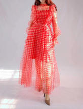 Red Long Tutu Dress Gowns Long Sleeve Vintage Inspired Pink Plaid Pattern image 7