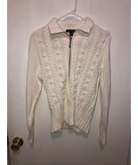 Lands End Womens SZ Small 6-8 Full Zip Cable Knit Pom Decorated Cream Sw... - $26.72