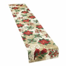 Red Cardinal Tapestry Peace Table Runner Poinsettias Snowflake Holly Berries NEW - £16.06 GBP