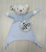 Mud Pie White teddy Bear blue stripe baby security blanket Lovey Pacifier holder - $34.64