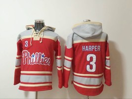 Philadelphia Phillies #3 Bryce Harper Red/Cream Jersey Lace-Up Pullover Hoodie - £48.67 GBP