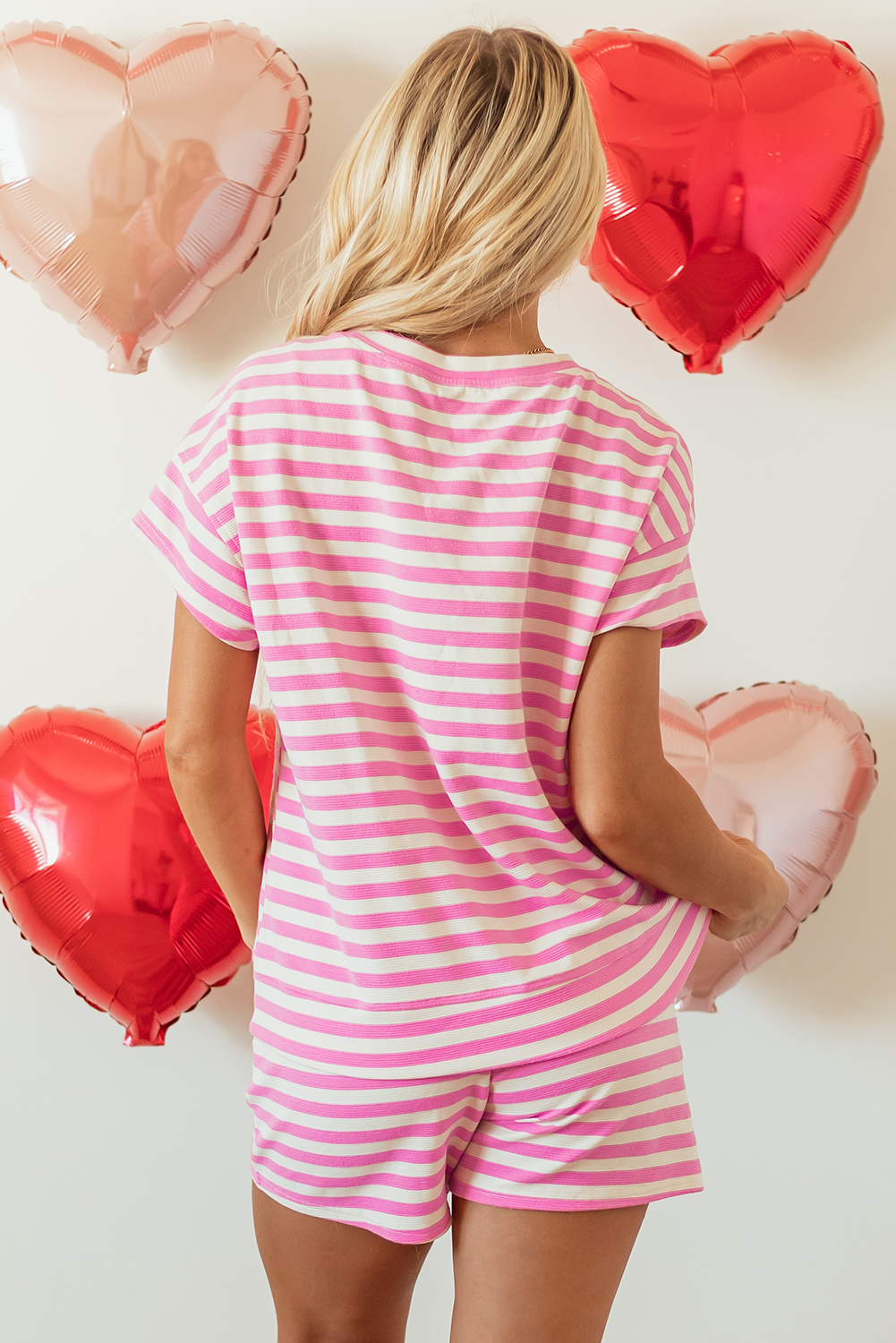 Rose Stripe Crew Neck T Shirt and Drawstring Shorts Set Item image 2